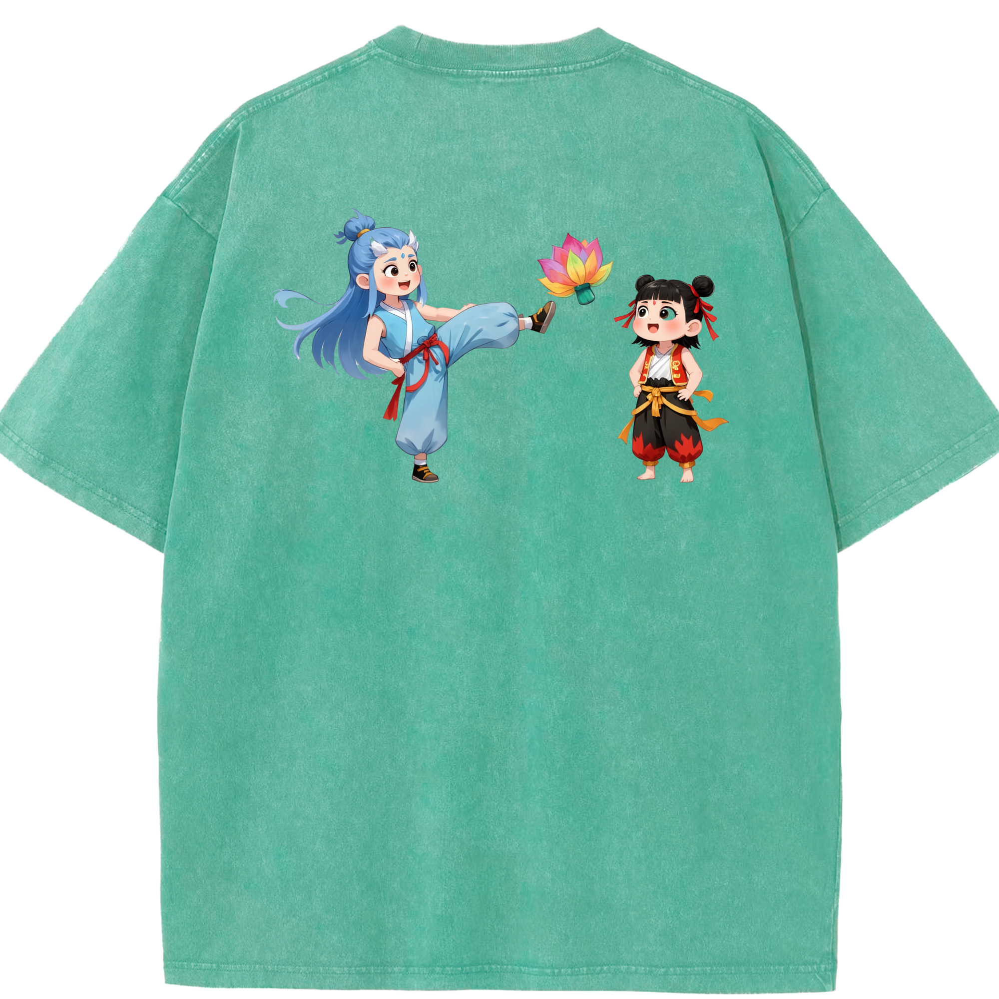 （画像用） Ne Zha 2 ナタ 魔童の大暴れ 綿100% ヴィンテージ風 半袖Tシャツ（背面プリント）